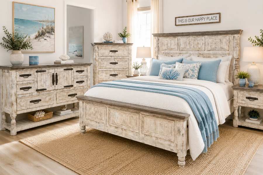 San Luis Coastal Rustic Painted White Distressed Bedroom Set San Luis Coastal Rustic Painted White Distressed Bedroom Set