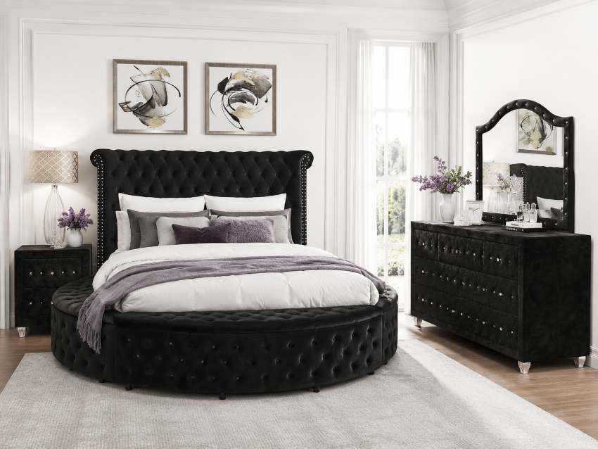Sansom Glam Black Tufted Upholstered Round Bed Bedroom Set *Warehouse Clearance*