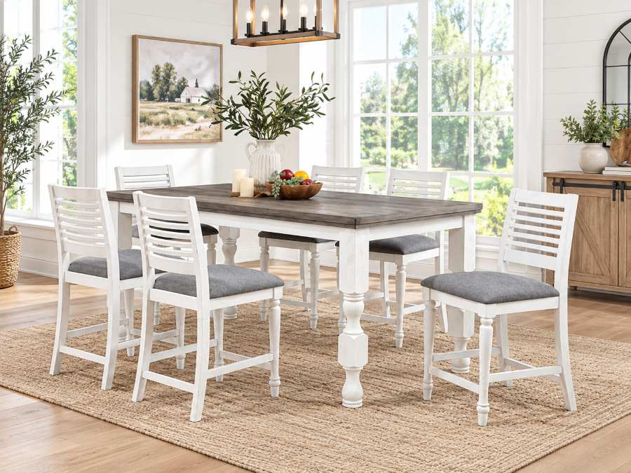 Calabria Antique White Farmhouse Counter Height 7-Piece Dining Set