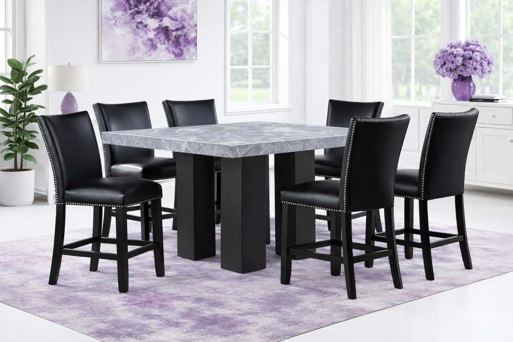Camille Grey Marble Counter Height 9-Piece Dining Set with Black Chairs Camille Grey Marble Counter Height 9-Piece Dining Set with Black Chairs