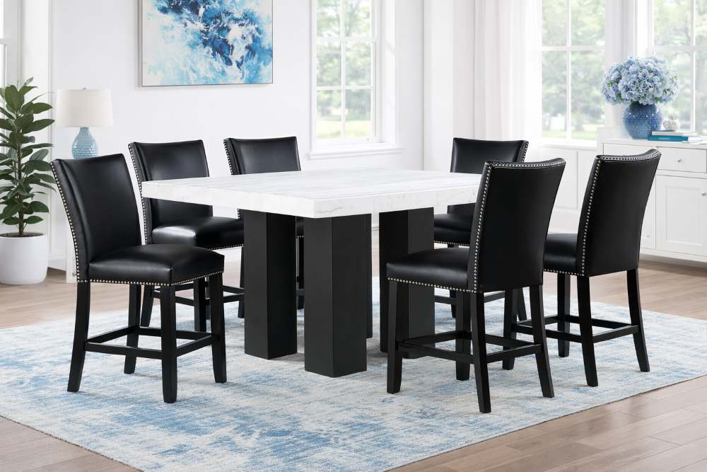 Camille White Marble Counter Height 9-Piece Dining Set with Black Chairs Camille White Marble Counter Height 9-Piece Dining Set with Black Chairs