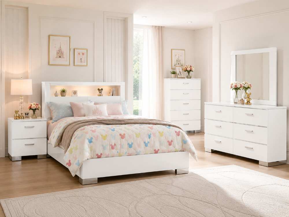 Carlie Contemporary White Bedroom Set with Bookcase Headboard