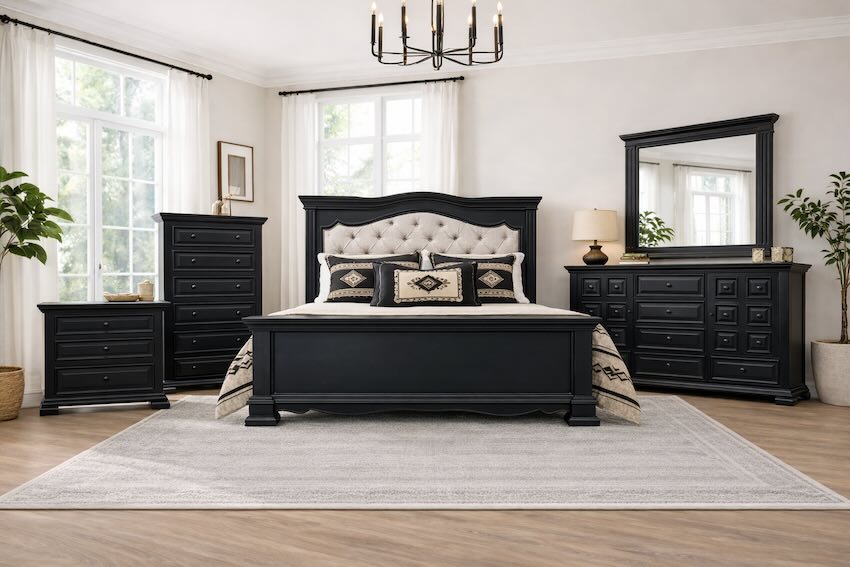 Castle Black Farmhouse Rustic Bedroom Set with Upholstered Headboard