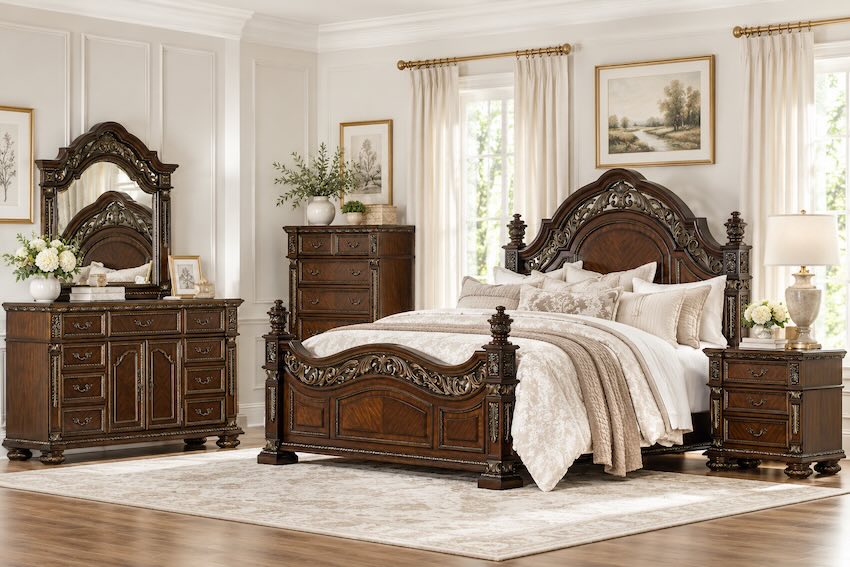 Catalonia Old World European Bedroom Set in Dark Cherry