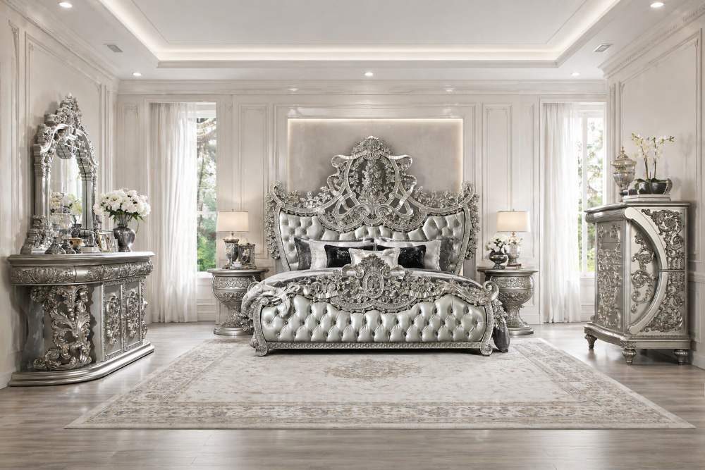 Celestia Palace Metallic Silver Luxury Baroque Bedroom Set