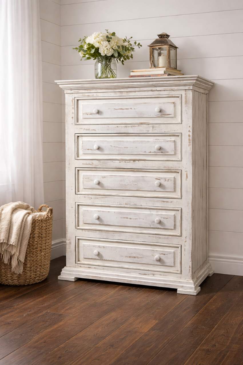 Chalet Farmhouse Style Rustic Bedroom Set in White