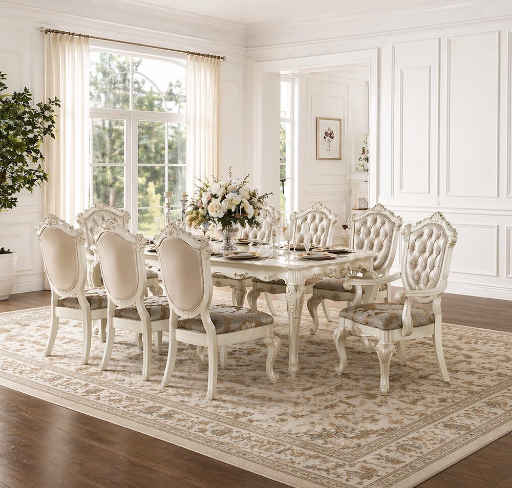 Chantelle Luxury Traditional 9-Piece Formal Dining Room Set in Pearl White