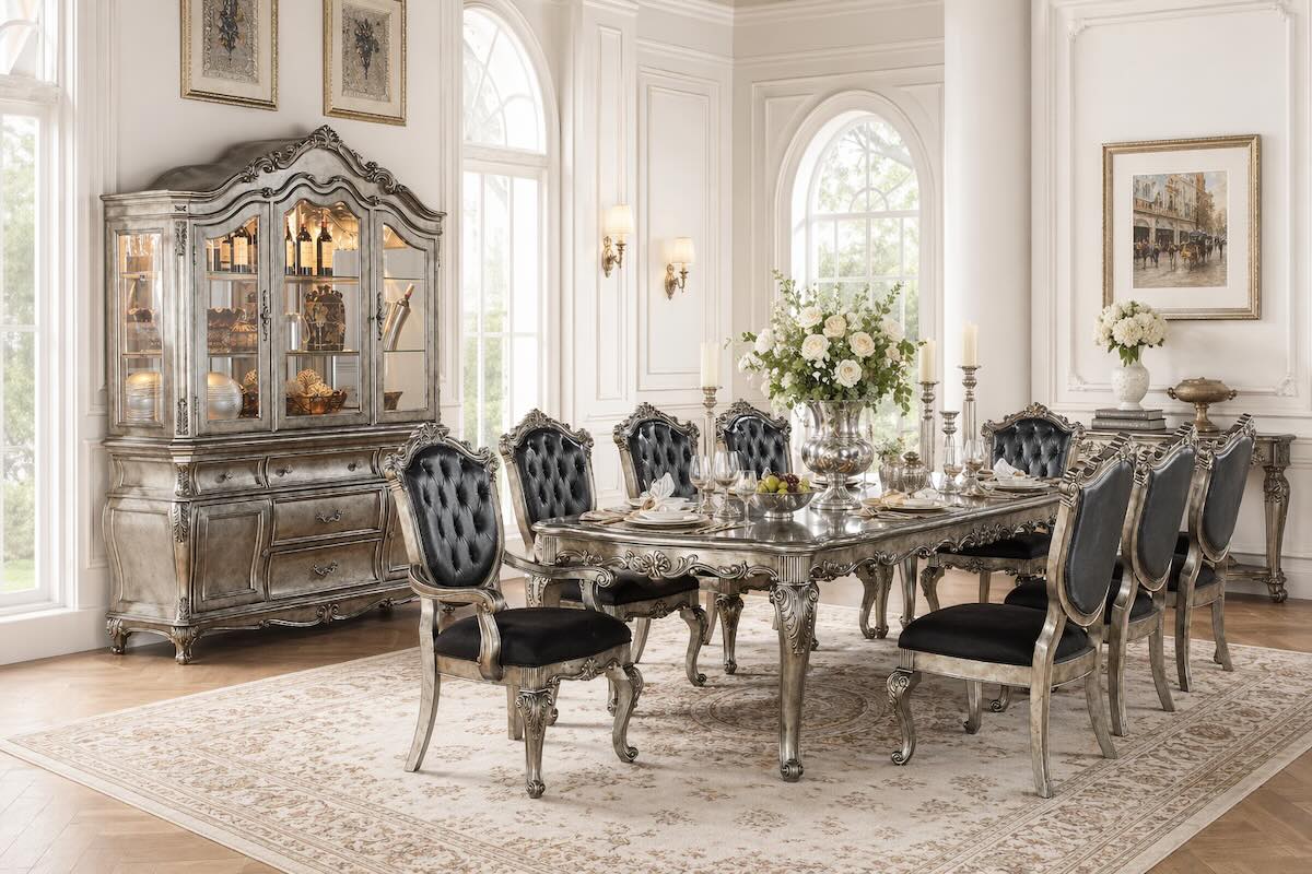 Chantelle Luxury Formal Antique Platinum 9-Piece Dining Room Set