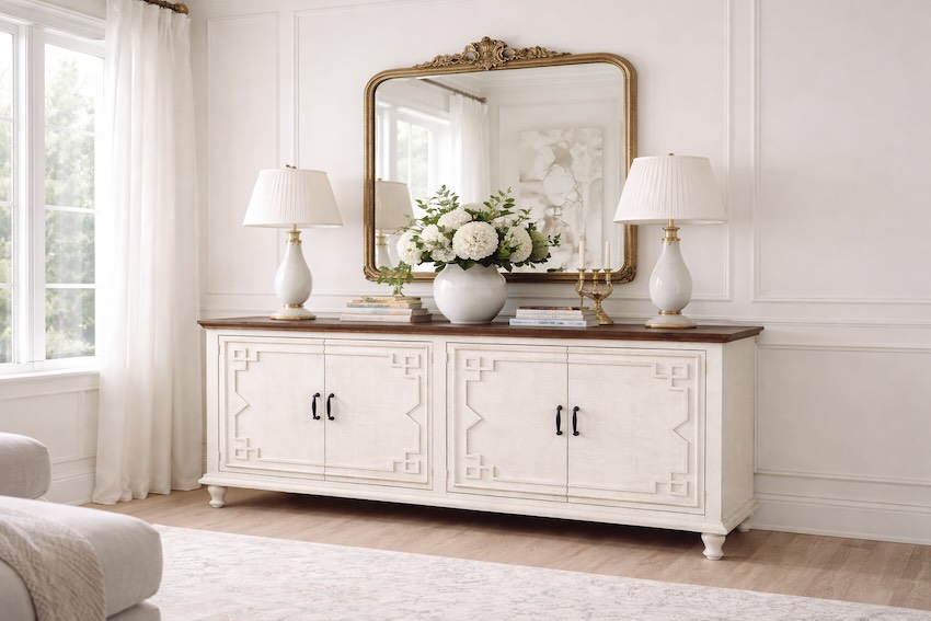 Claire French Country Console Cabinet in Linen
