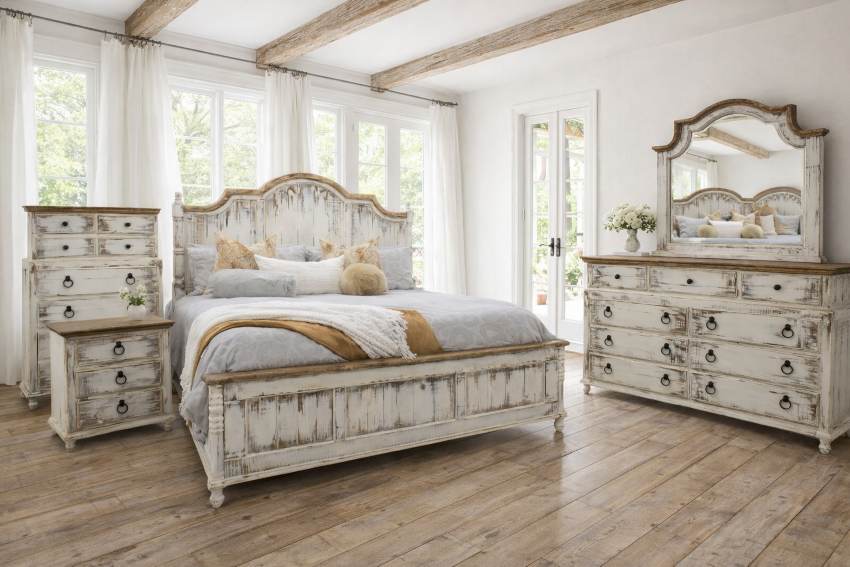 Clarice French Country Bedroom Set in White Sandstone