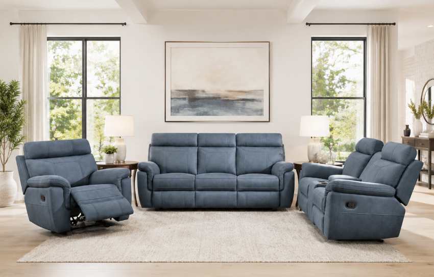 Clifton Blue Microfiber Transitional Reclining Sofa Set