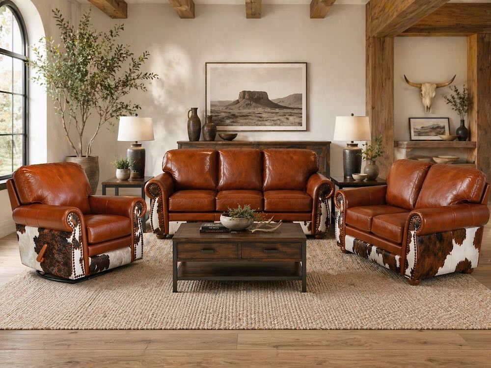 Dallas Leather Cowhide Western Sofa & Love Seat Set