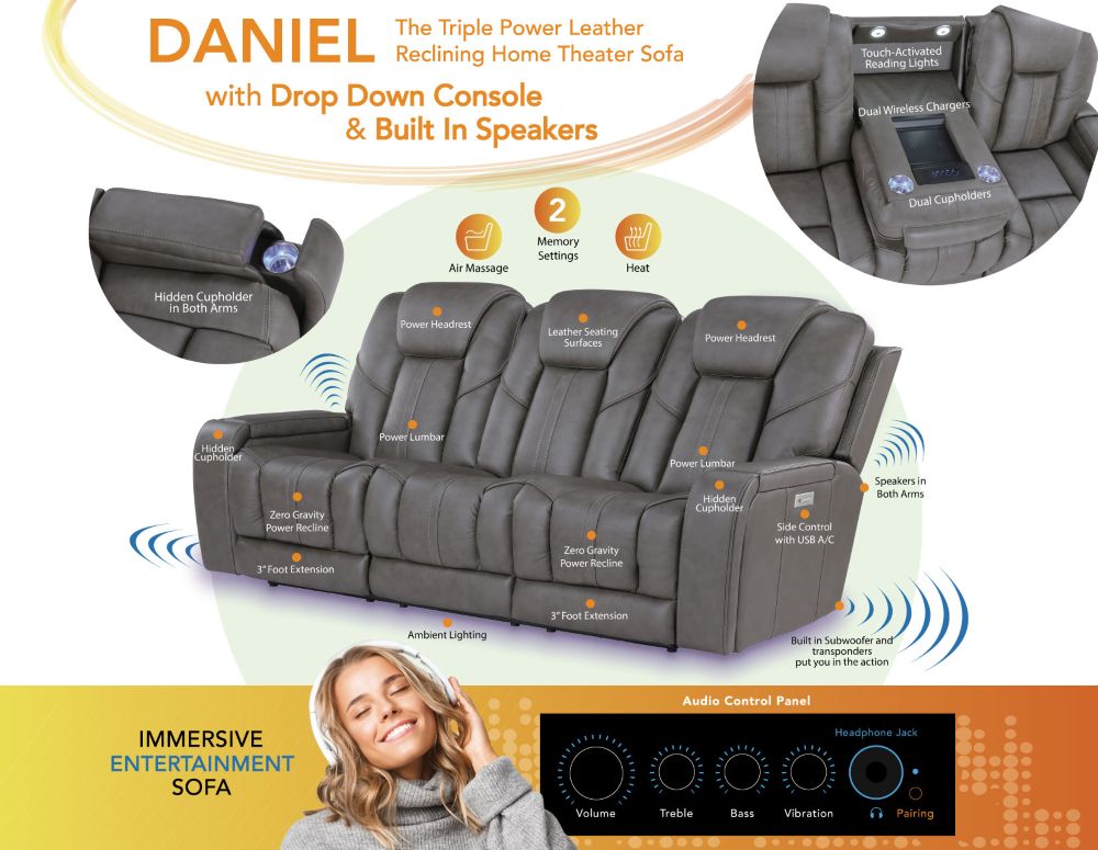 Full Immersive Luxury Leather Power Reclining Sofa Set with Speakers, Heat, Massage & Zero Gravity