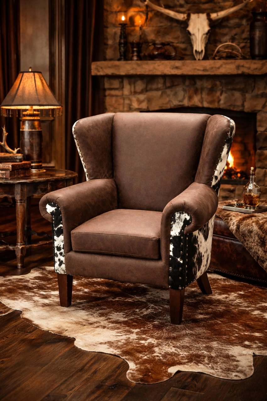 Accent Wingback Western Chair With Cowhide in Brown