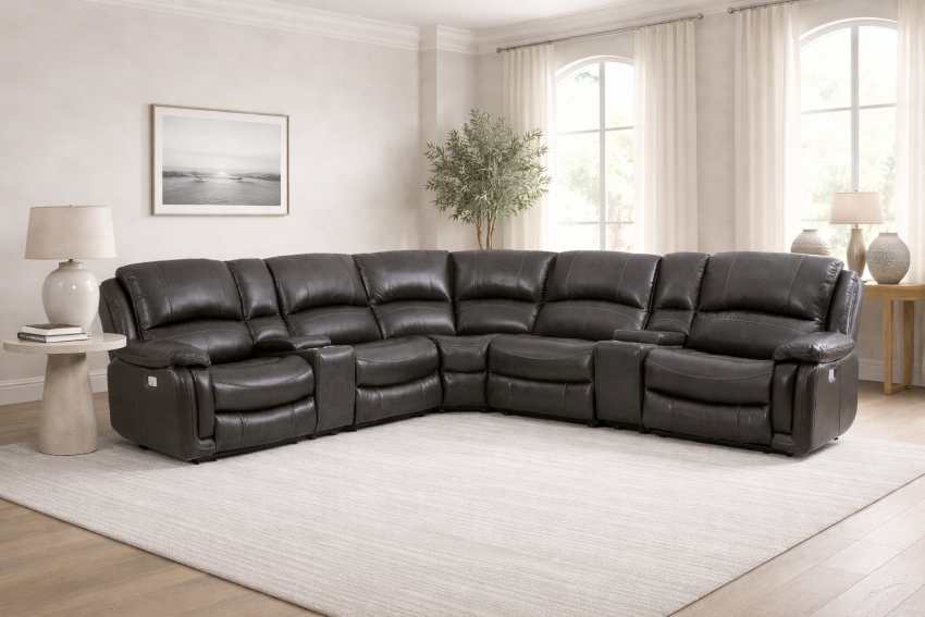 Denver Power Reclining Sectional in Charcoal Top Grain Leather Denver Power Reclining Sectional in Charcoal Top Grain Leather