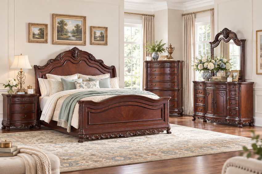 Deryn Park Luxury Traditional Sleigh Bedroom Set in Cherry with Gold Accents