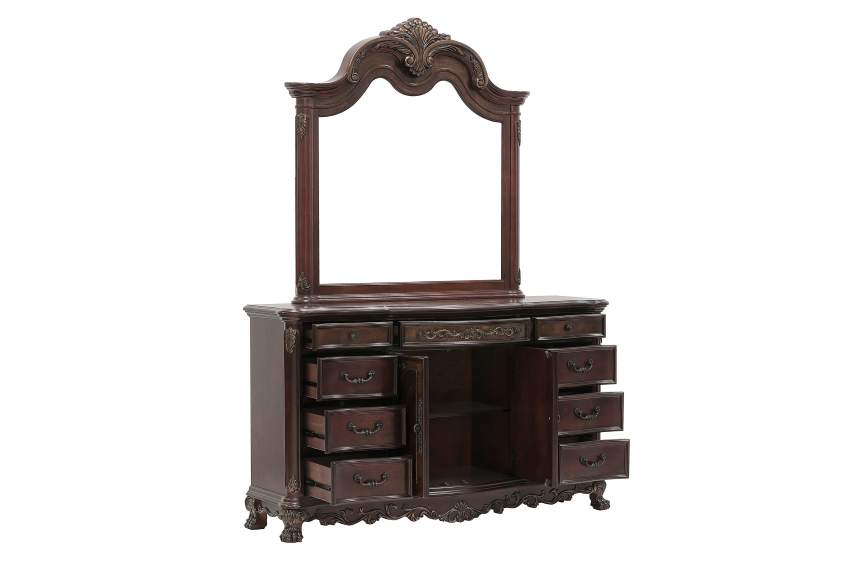 Deryn Park Luxury Traditional Sleigh Bedroom Set in Cherry with Gold Accents