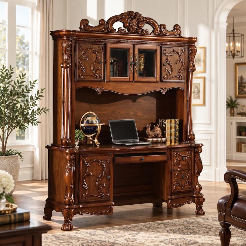 Dresden Traditional Executive Computer Desk with Hutch in Cherry Oak