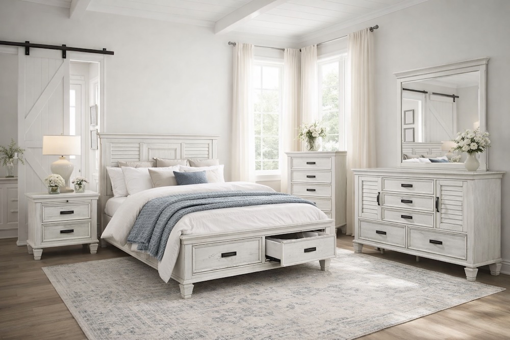 Franco Modern Farmhouse Distressed White Bedroom Set with Storage Bed Franco Modern Farmhouse Distressed White Bedroom Set with Storage Bed