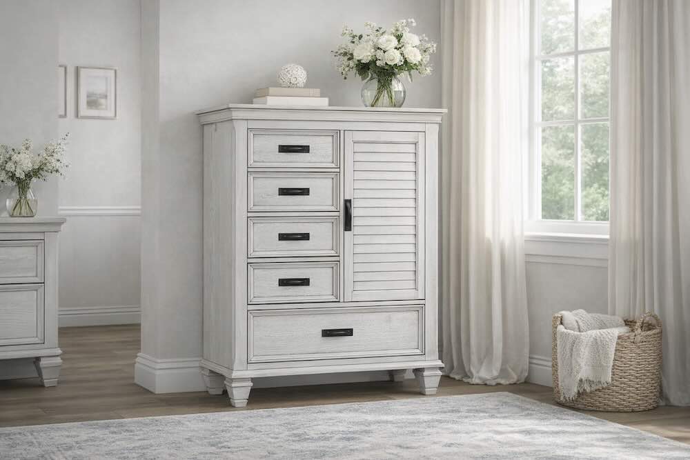 Franco Modern Farmhouse Distressed White Bedroom Set with Storage Bed