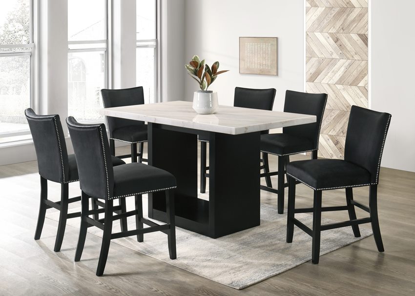 Cypress Marble Top Pub Table Set with Black Chairs