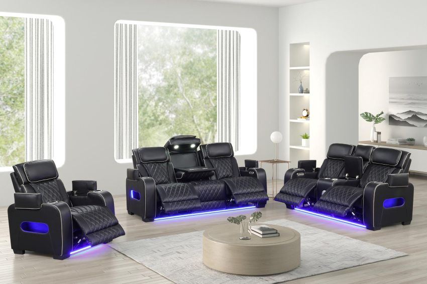 Titan Black Power Reclining Sofa Set with LED Lights *3-Piece Set*