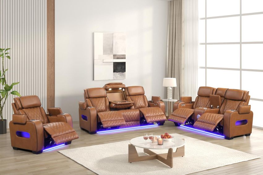 Titan Brown Power Reclining Sofa Set with LED Lights *3-Piece Set*