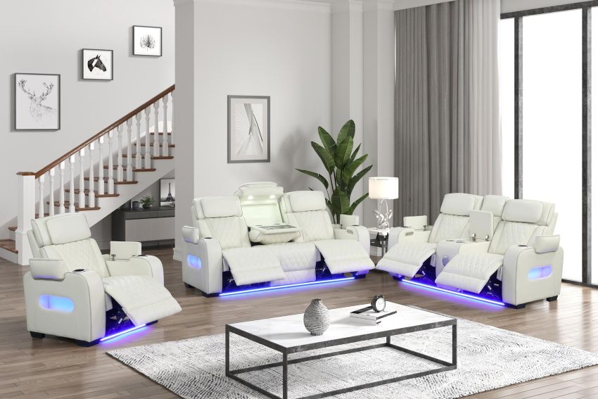 Titan White Power Reclining Sofa Set with LED Lights *3-Piece Set*