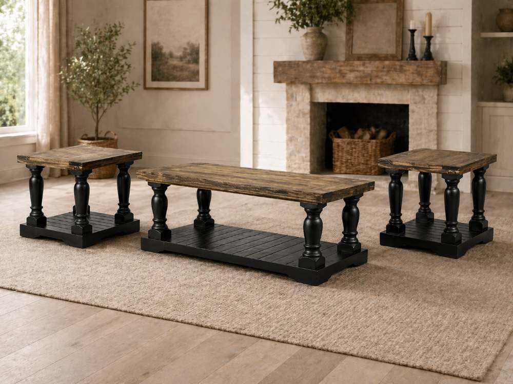 Graham Black Farmhouse Rustic 3-Piece Coffee Table Set