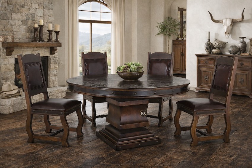 Gran Hacienda Western Rustic Round Table with Leather Chairs