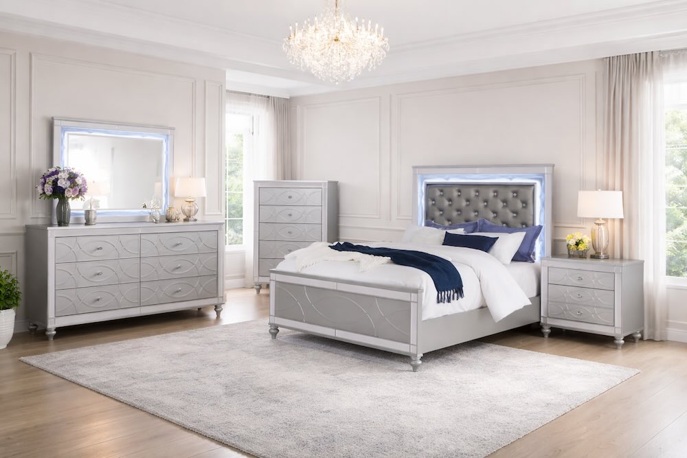 Gunnison Silver Modern Luxury Bedroom Set with LED Lights Gunnison Silver Modern Luxury Bedroom Set with LED Lights