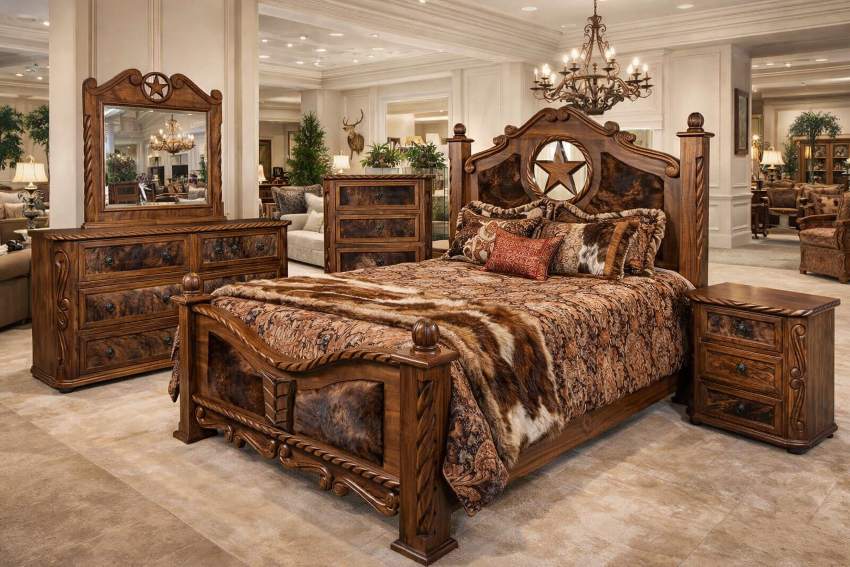 Lasso Rustic Bedroom Set with Texas Star and Cowhide Accents