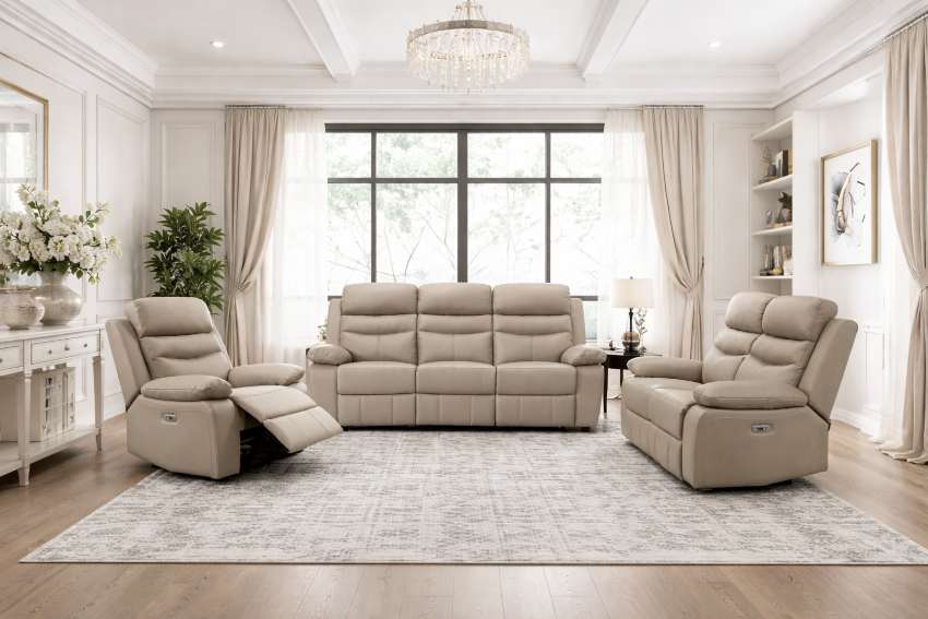 Hancock Power Reclining Leather Sofa Set in Latte Hancock Power Reclining Leather Sofa Set in Latte