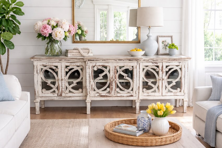 Harper French Country Rustic 108" Statement Console in Distressed White