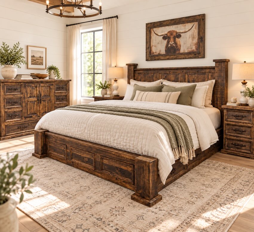Indian Distressed Brown Rustic Farmhouse Bedroom Set with Storage Bed