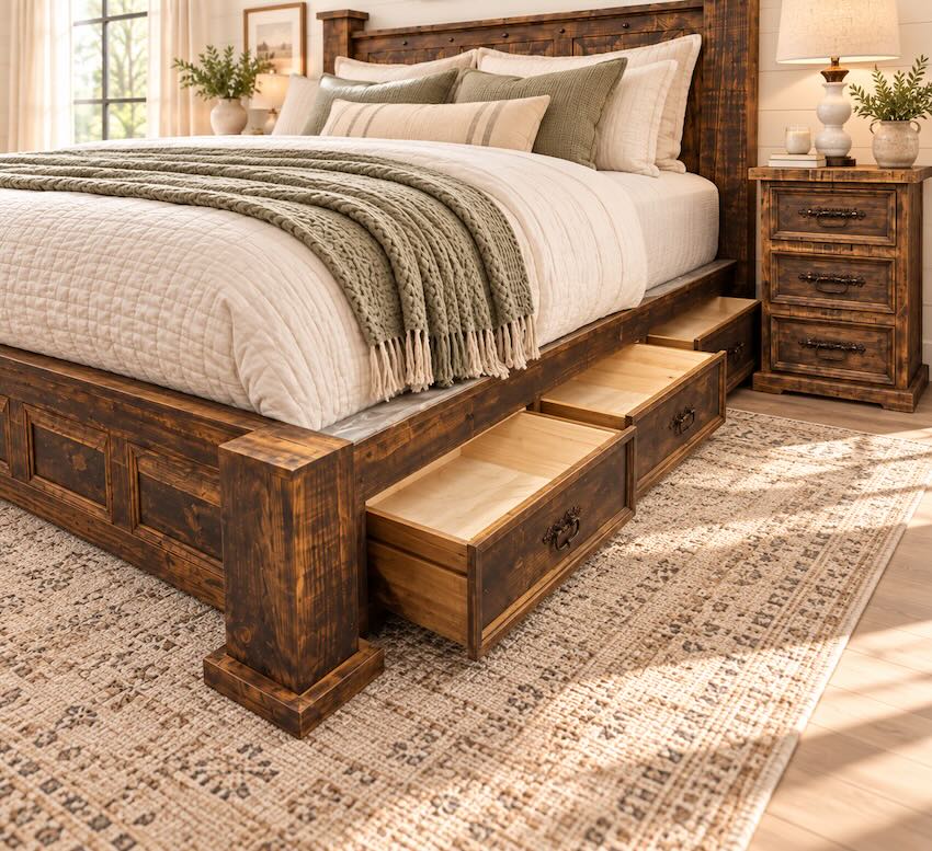 Indian Distressed Brown Rustic Farmhouse Bedroom Set with Storage Bed