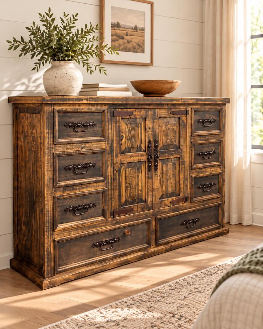 Indian Distressed Brown Rustic Farmhouse Bedroom Set with Storage Bed