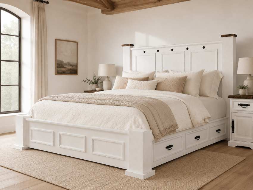 Indian White Farmhouse Rustic Bedroom Set with Storage Bed