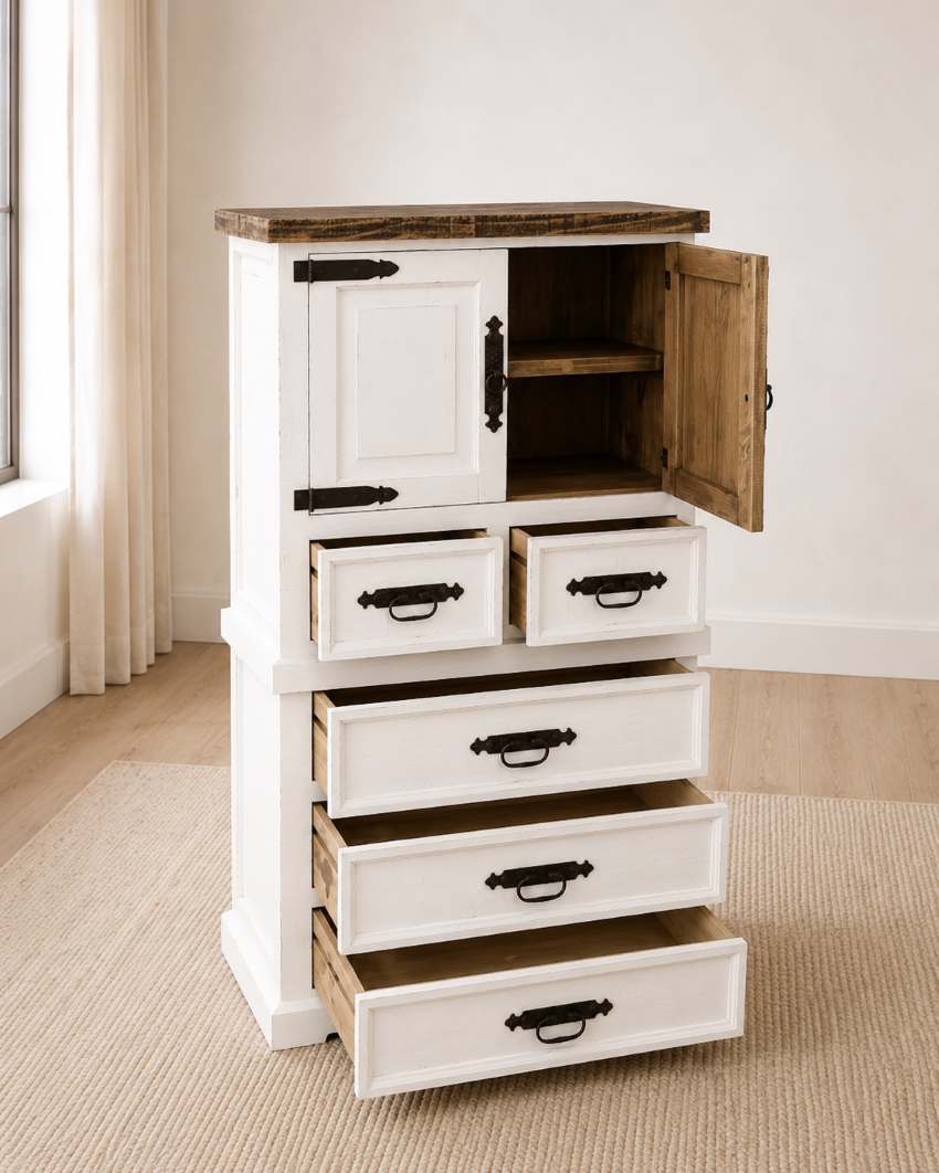 Indian White Farmhouse Rustic Bedroom Set with Storage Bed