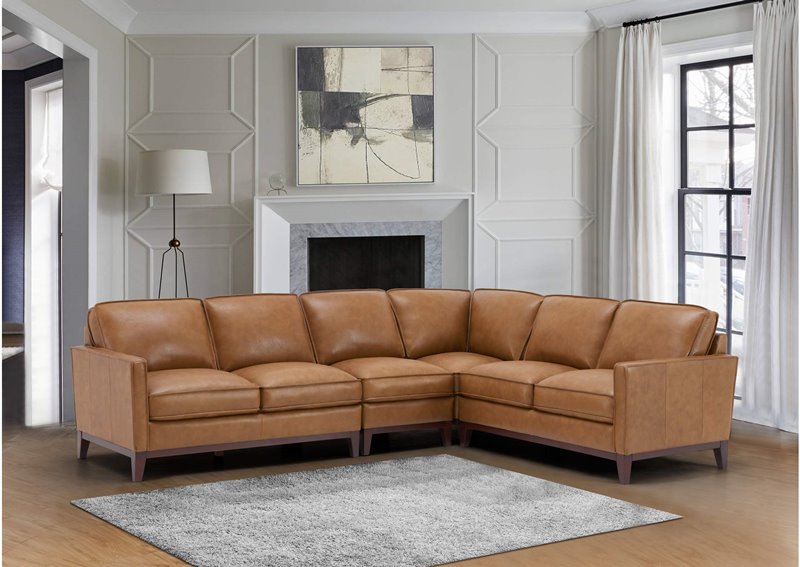 Newport Leather Sectional in Camel Brown