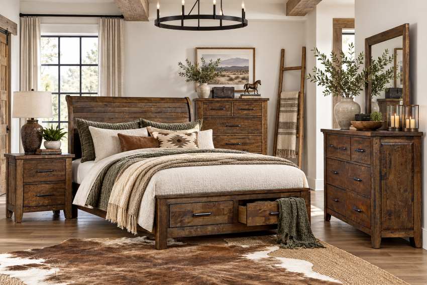 Jerrick Solid Wood Modern Rustic Storage Bedroom Set in Burnished Brown