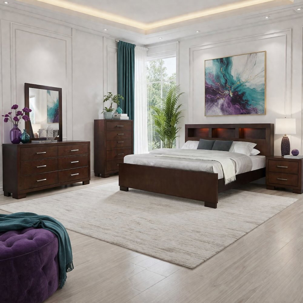 Jessica Modern Casual Bookcase Headboard Bedroom Set in Cappuccino Jessica Modern Casual Bookcase Headboard Bedroom Set in Cappuccino
