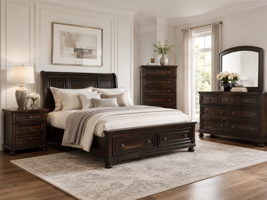 Kingston Transitional Bedroom Set with Storage Bed in Walnut Kingston Transitional Bedroom Set with Storage Bed in Walnut