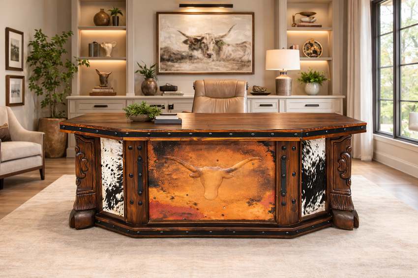 Kamela Western Rustic Desk with Copper and Cowhide Accents