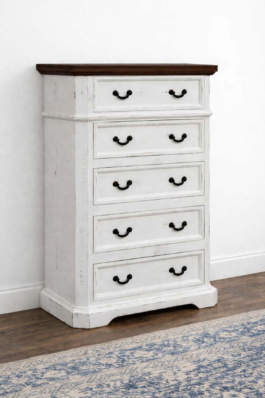 Lakewood White & Dark Cherry Country Farmhouse 6-Piece King Size Bedroom Set