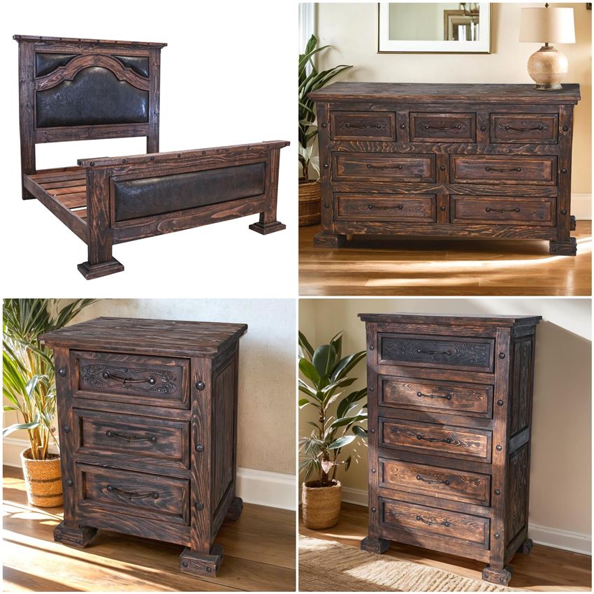 Ambassador Rustic Bedroom Set with Tooled Leather Accents