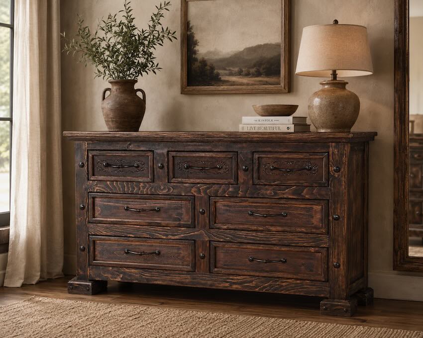 LMT Design Ambassador Luxury Western Rustic Bed with Tooled Leather Accents