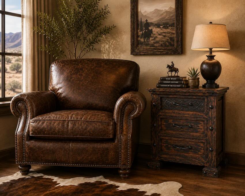 LMT Design Ambassador Luxury Western Rustic Bed with Tooled Leather Accents