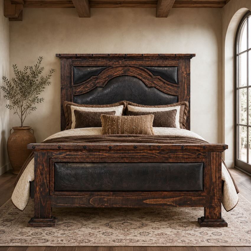 LMT Design Ambassador Luxury Western Rustic Bed with Tooled Leather Accents LMT Design Ambassador Luxury Western Rustic Bed with Tooled Leather Accents