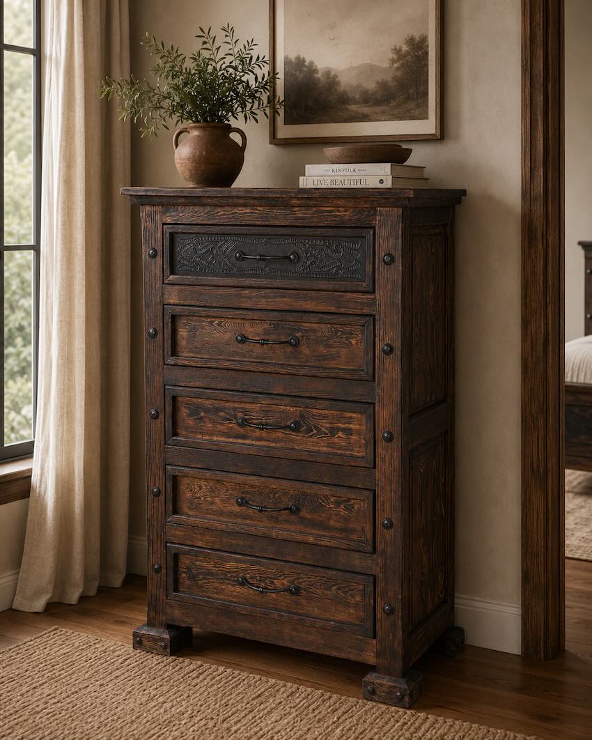 LMT Design Ambassador Luxury Western Rustic Bed with Tooled Leather Accents